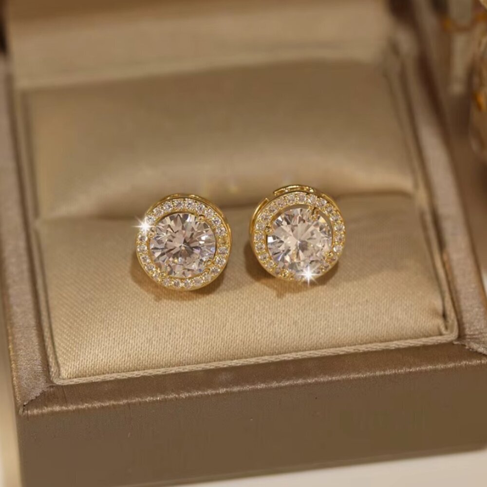 NEW 14k Yellow Gold Diamond Earrings Round Cut Halo Stud Earrings